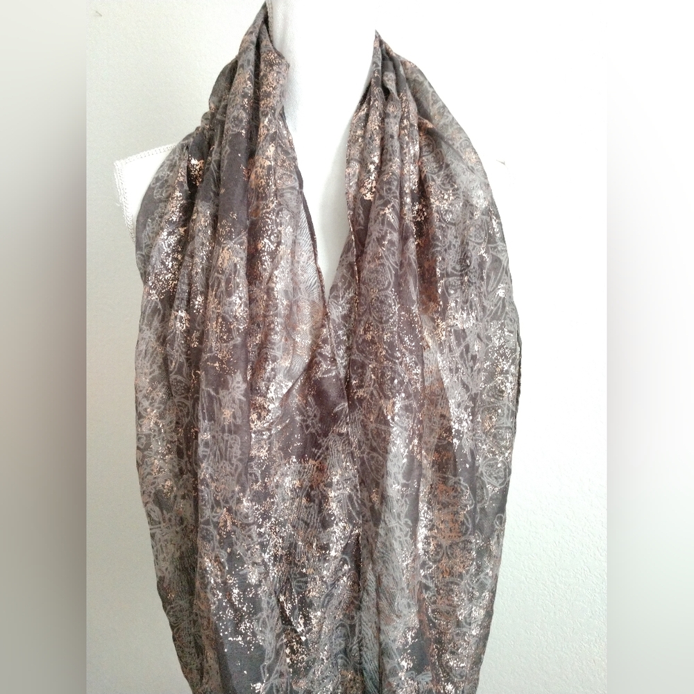Pretty Infinity Scarf Gold Gray Floral Plants Print Circle Loop Scarf